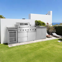 Modular Outdoor Kitchen BBQ Island, 104" Outdoor Kitchen Propane Gas Island Grill with Sink, Compact Refrigerator, Storage Cabinets, Rotisserie Kit (Silver, 104")