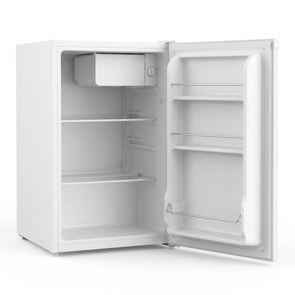3.2 Cu.Ft Mini Fridge with Freezer, Compact Refrigerator with Reversible Single Door, Adjustable Thermostat, Low Noise, Energy Efficient for Office, Dorm, Bedroom, Apartment (WHITE) — Studio Shot