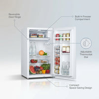 3.2 Cu.Ft Mini Fridge with Freezer, Compact Refrigerator with Reversible Single Door, Adjustable Thermostat, Low Noise, Energy Efficient for Office, Dorm, Bedroom, Apartment (WHITE) — infographic