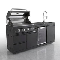 46 In. 4-Burner 72000 BTU Propane Gas Grill Island Outdoor Kitchen with Refrigerator, Sink in Black Stainless Steel — Studio Shot