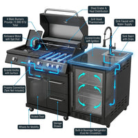 46 In. 4-Burner 72000 BTU Propane Gas Grill Island Outdoor Kitchen with Refrigerator, Sink in Black Stainless Steel — How It Works