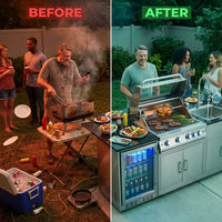 Modular Outdoor Kitchen BBQ Island, 104" Outdoor Kitchen Propane Gas Island Grill with Sink, Compact Refrigerator, Storage Cabinets, Rotisserie Kit (Silver, 104") — Before & After