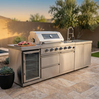 Modular Outdoor Kitchen BBQ Island, 104" Outdoor Kitchen Propane Gas Island Grill with Sink, Compact Refrigerator, Storage Cabinets, Rotisserie Kit (Silver, 104") — Studio Shot