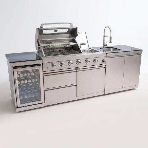 Modular Outdoor Kitchen BBQ Island, 104" Outdoor Kitchen Propane Gas Island Grill with Sink, Compact Refrigerator, Storage Cabinets, Rotisserie Kit (Silver, 104") — Studio Shot