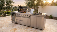 Modular Outdoor Kitchen BBQ Island, 104" Outdoor Kitchen Propane Gas Island Grill with Sink, Compact Refrigerator, Storage Cabinets, Rotisserie Kit (Silver, 104") — Lifestyle