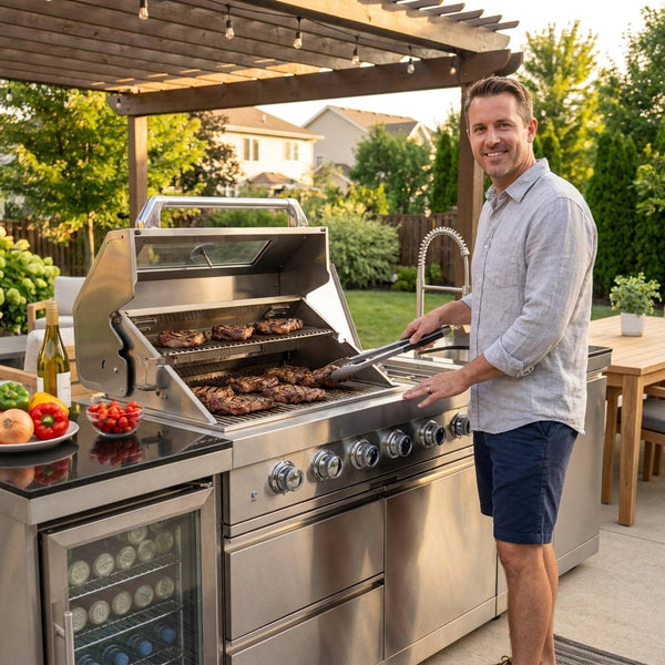 Outdoor Kitchen Island Built for Patio Cooking, 72000 BTU Gas Grill, Compact Refrigerator, Storage Cabinets