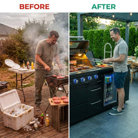 Outdoor Kitchen Island Built for Performance, 72000 BTU Propane Gas Grill, Built-In Refrigerator, Granite Countertops — Before & After