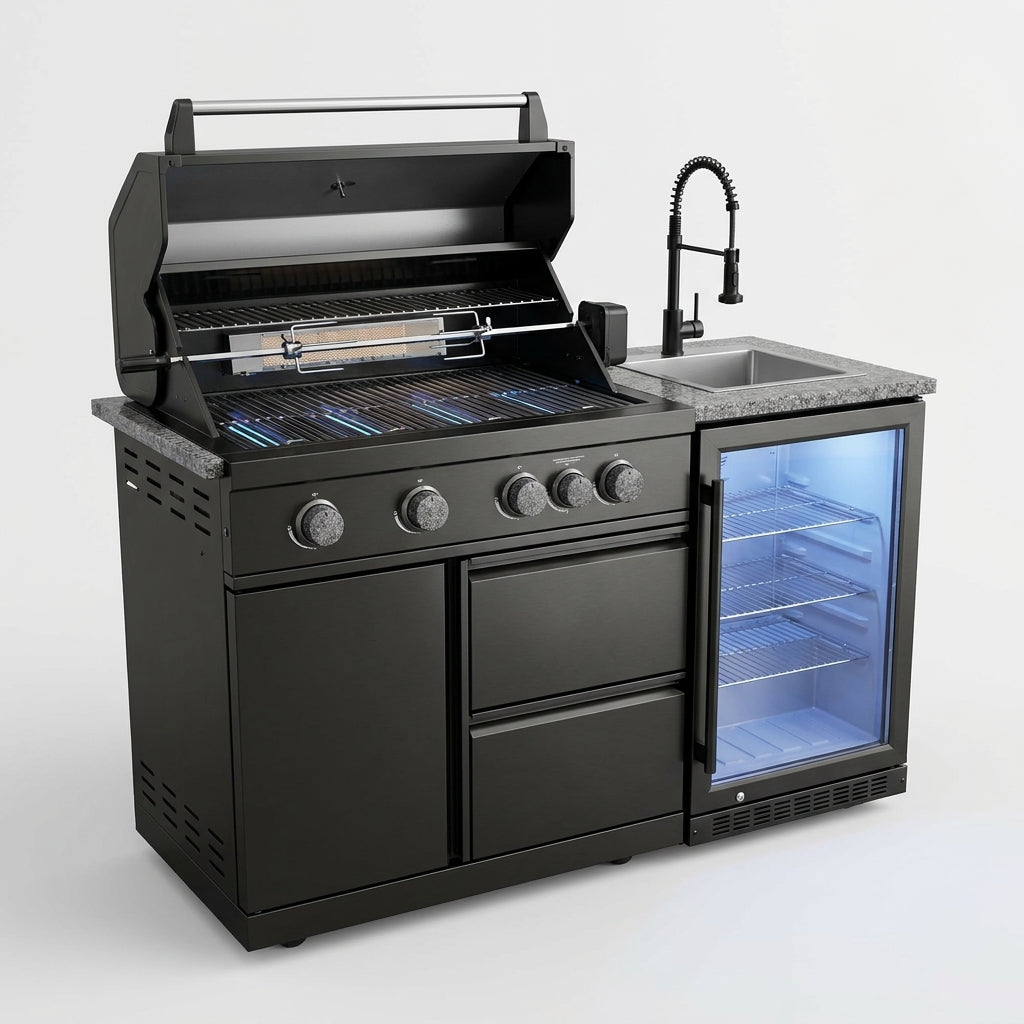 Outdoor Kitchen Island Built for Performance, 72000 BTU Propane Gas Grill, Built-In Refrigerator, Granite Countertops — Studio Shot