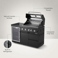 Outdoor Kitchen Island Built for Performance, 72000 BTU Propane Gas Grill, Built-In Refrigerator, Granite Countertops — infographic
