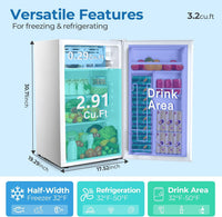 3.2 Cu.Ft Mini Fridge with Freezer, Compact Refrigerator with Reversible Single Door, Adjustable Thermostat, Low Noise, Energy Efficient for Office, Dorm, Bedroom, Apartment (WHITE)